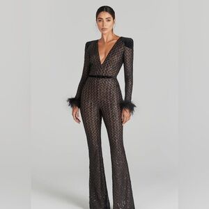 NADINE MERABI Black Lace V-Neck Jumpsuit with Feather Cuffs brand new
